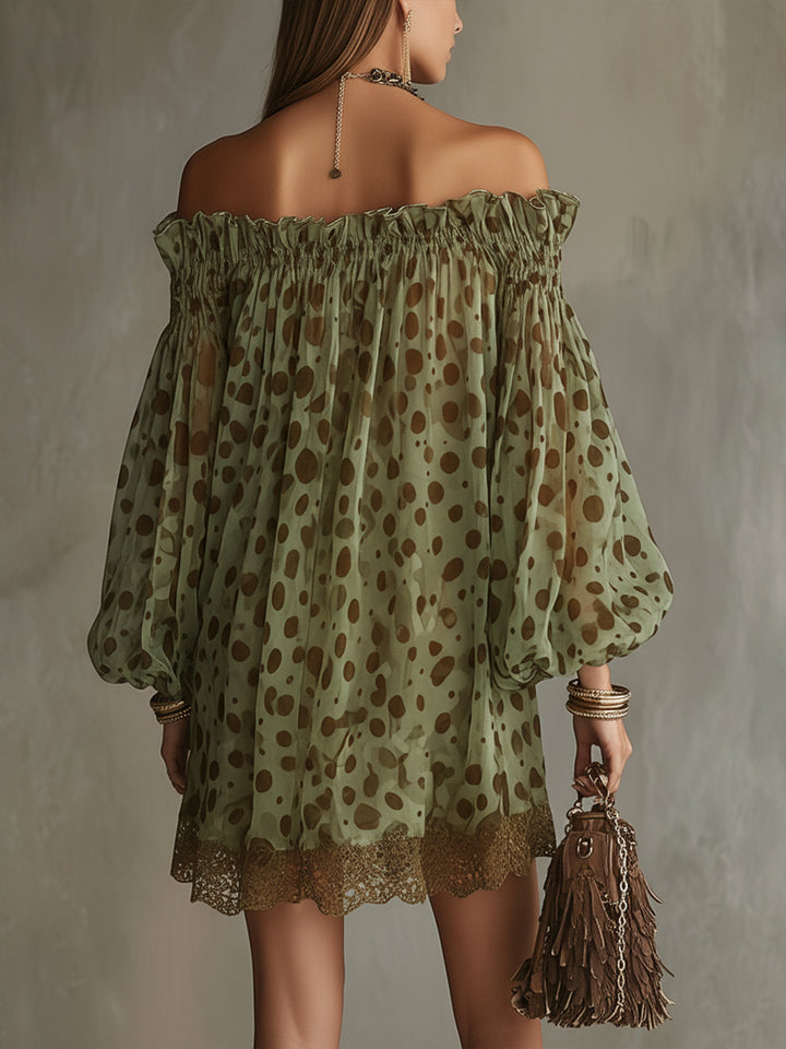 Green Polka Dot Off-Shoulder Chiffon Mini Dress with Lace Hem