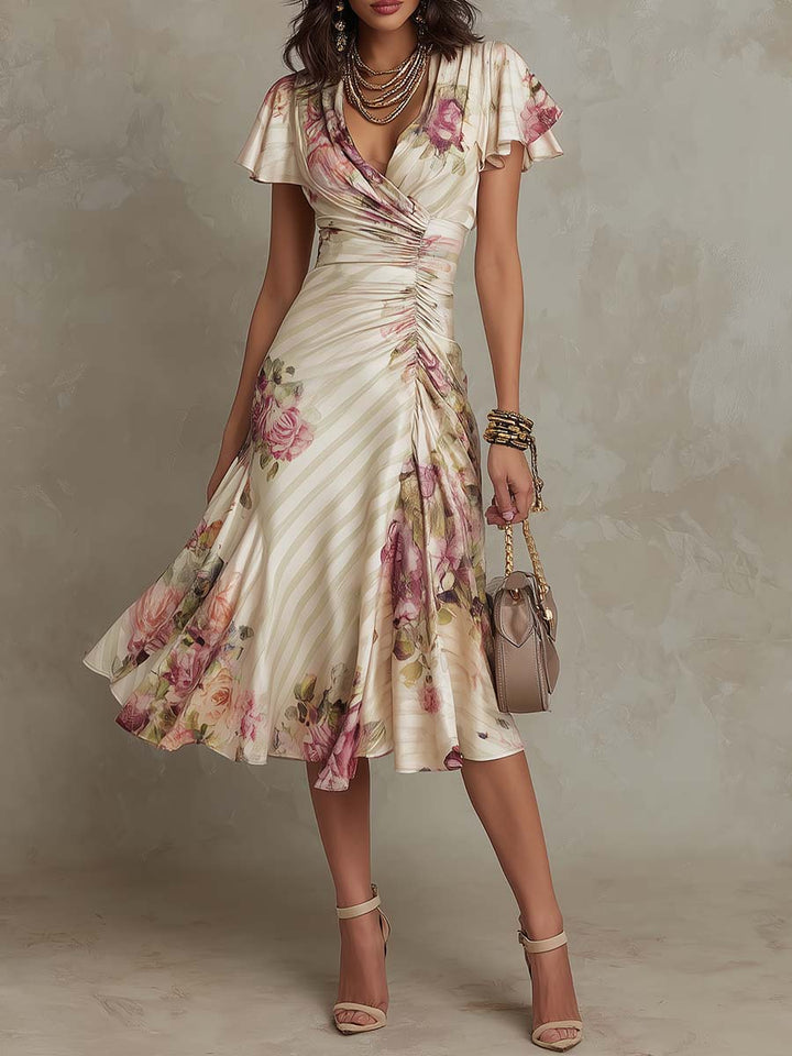Cherise | Elegante abito midi in raso con stampa floreale in stile retrò
