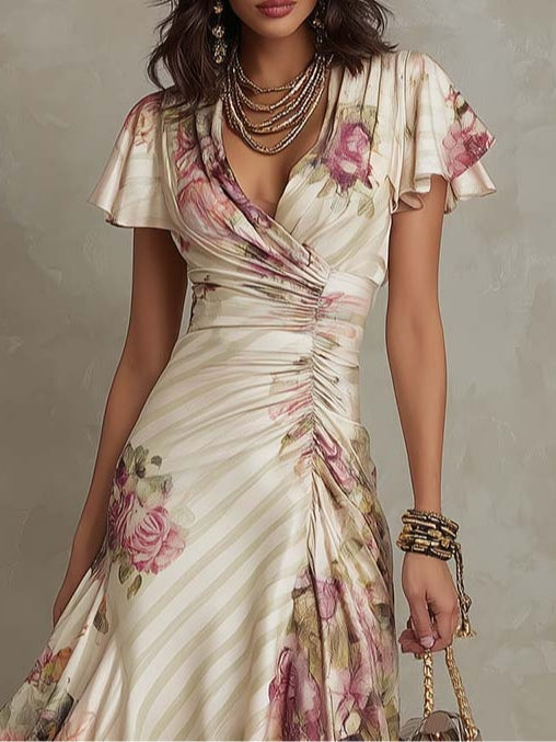 Cherise | Elegante abito midi in raso con stampa floreale in stile retrò