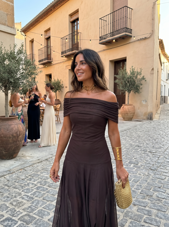Carla | Abito Maxi Off-Shoulder in Tessuto Fluido