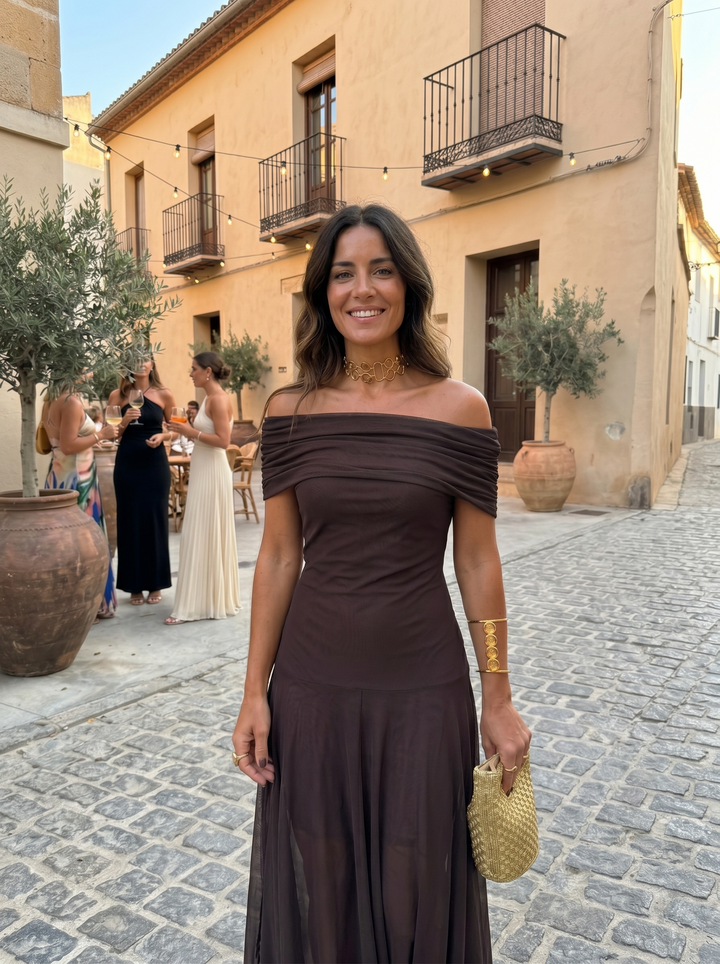 Carla | Abito Maxi Off-Shoulder in Tessuto Fluido