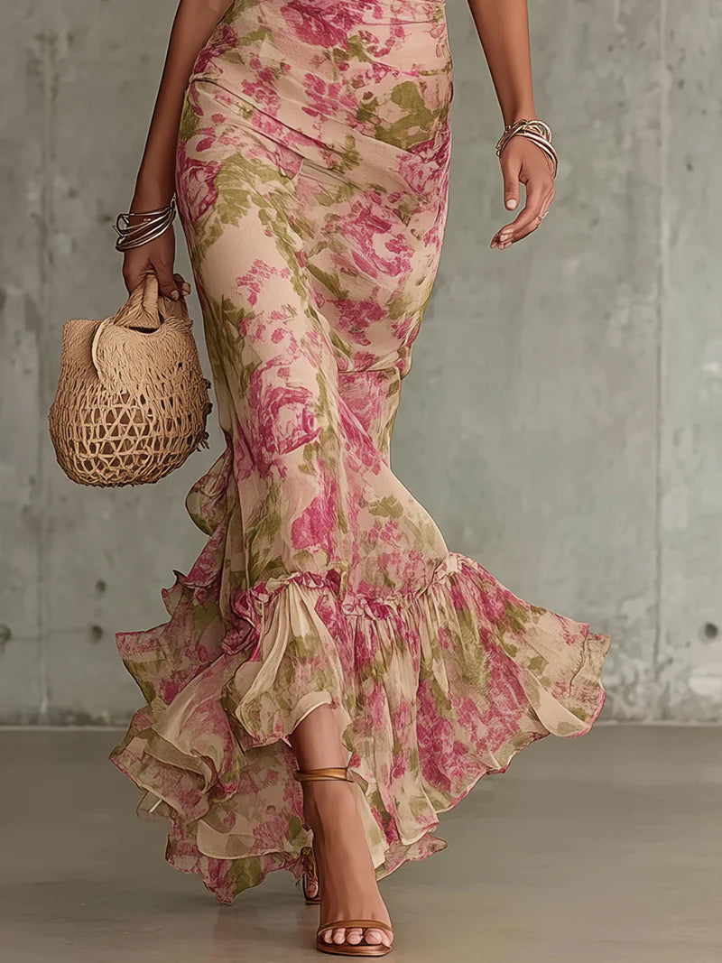 Abito lungo con stampa rose vintage e maniche a sbuffo (accessori non inclusi)