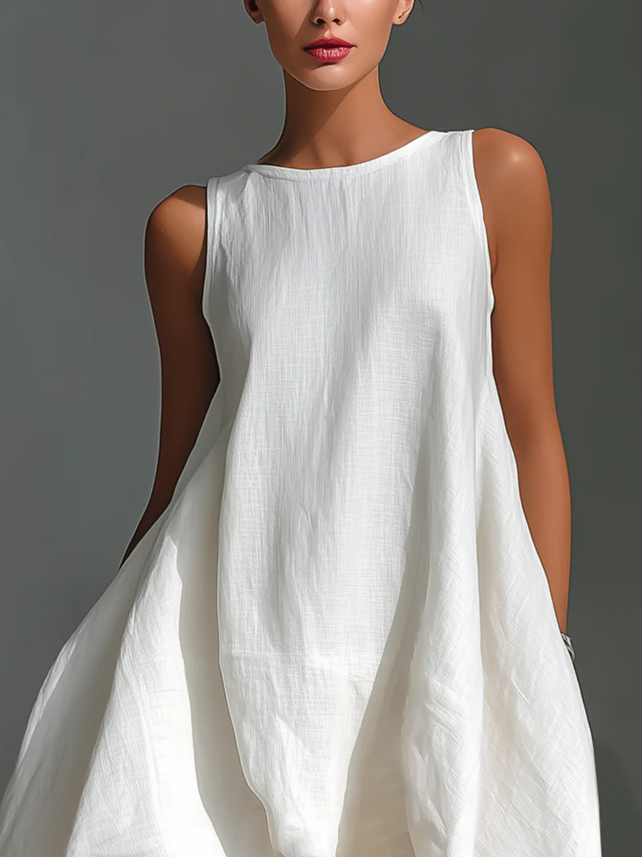 White Round Neck Sleeveless Midi Dress With Asymmetrical Hem