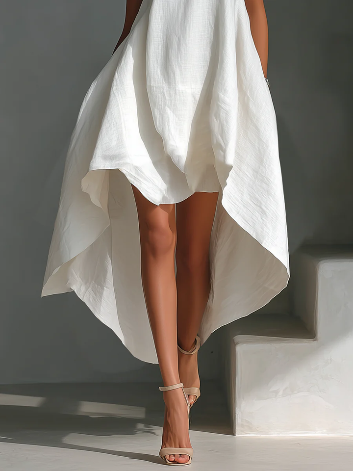 White Round Neck Sleeveless Midi Dress With Asymmetrical Hem