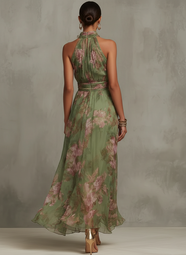 Sorena | Abito lungo verde floreale in chiffon con scollo a halter