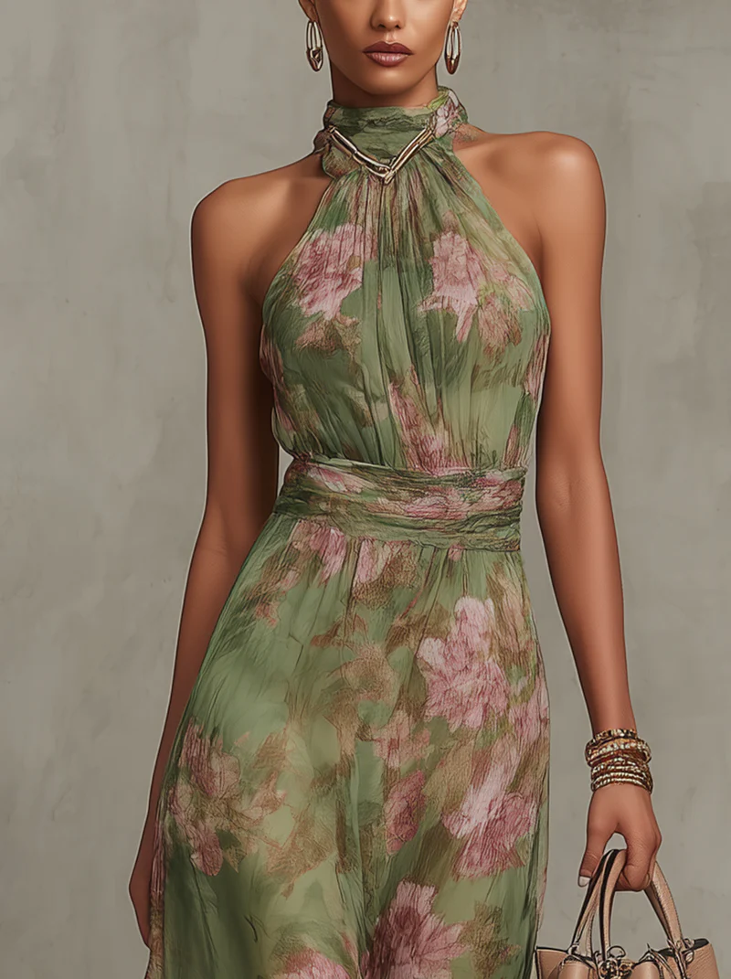 Sorena | Abito lungo verde floreale in chiffon con scollo a halter