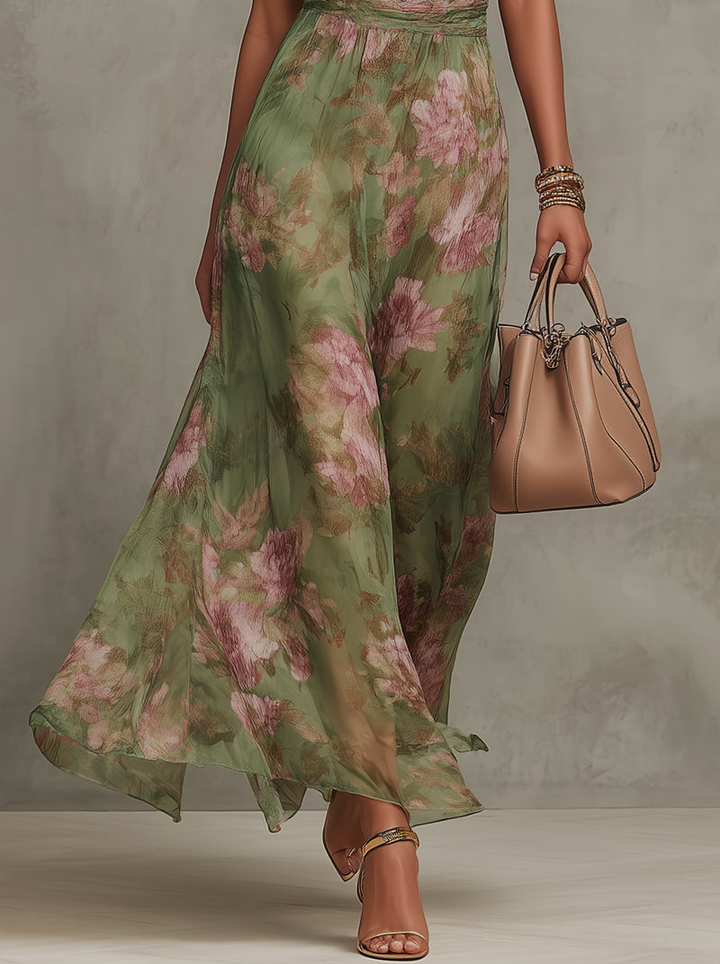 Sorena | Abito lungo verde floreale in chiffon con scollo a halter