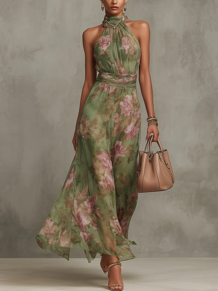Sorena | Abito lungo verde floreale in chiffon con scollo a halter