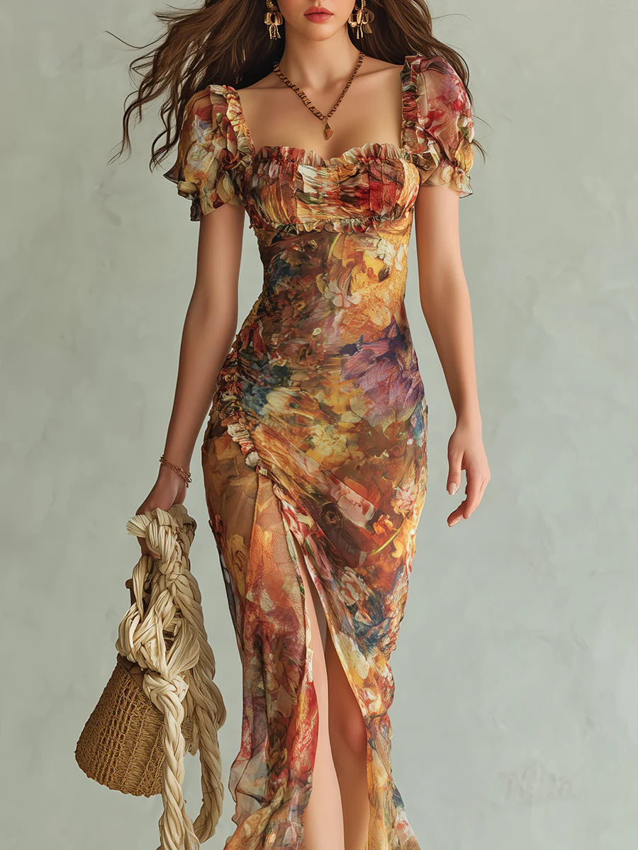 Abito lungo in chiffon con stampa a olio “Orange Bohemian Holiday”