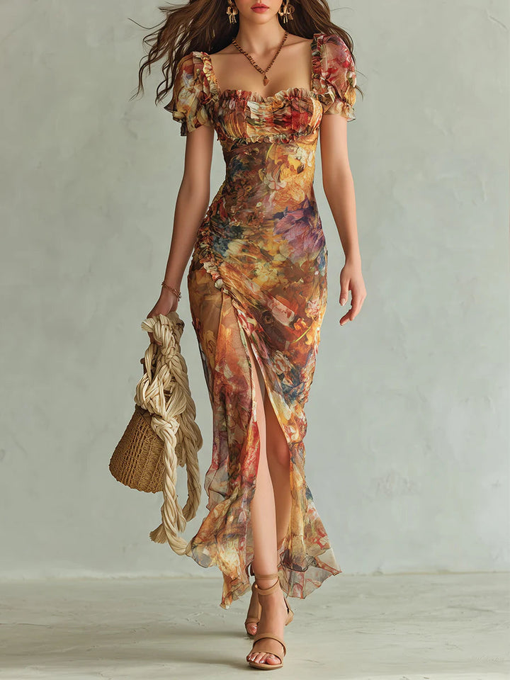Abito lungo in chiffon con stampa a olio “Orange Bohemian Holiday”