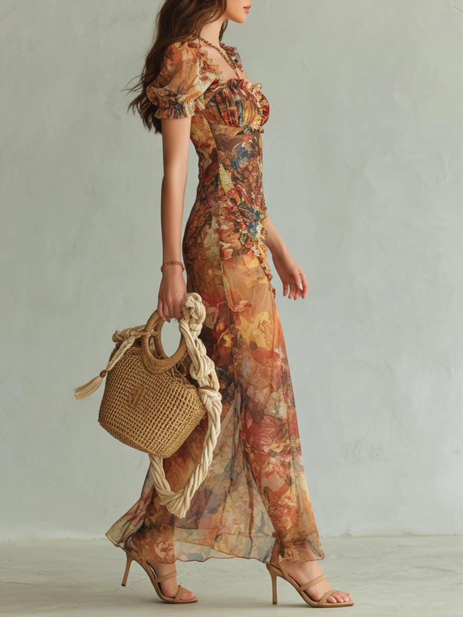 Abito lungo in chiffon con stampa a olio “Orange Bohemian Holiday”