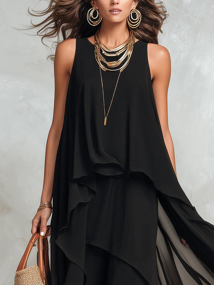 Abito lungo senza maniche con scollo rotondo a strati in chiffon nero