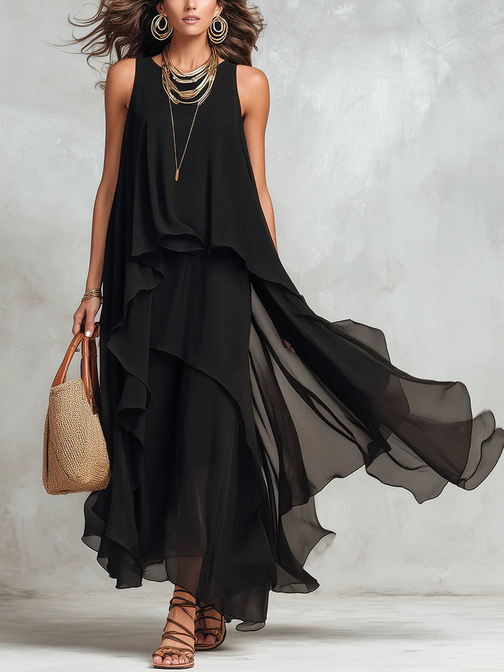 Abito lungo senza maniche con scollo rotondo a strati in chiffon nero