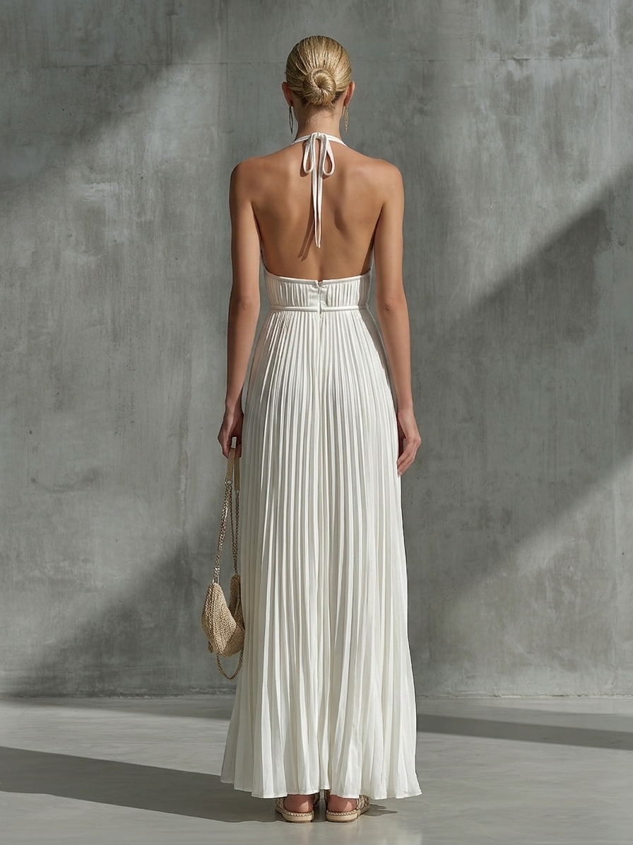 Whitnney | Abito in chiffon bianco con pieghe e scollo all’americana