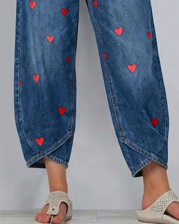 Serena | Pantaloni con stampa a cuori, in denim, alla caviglia