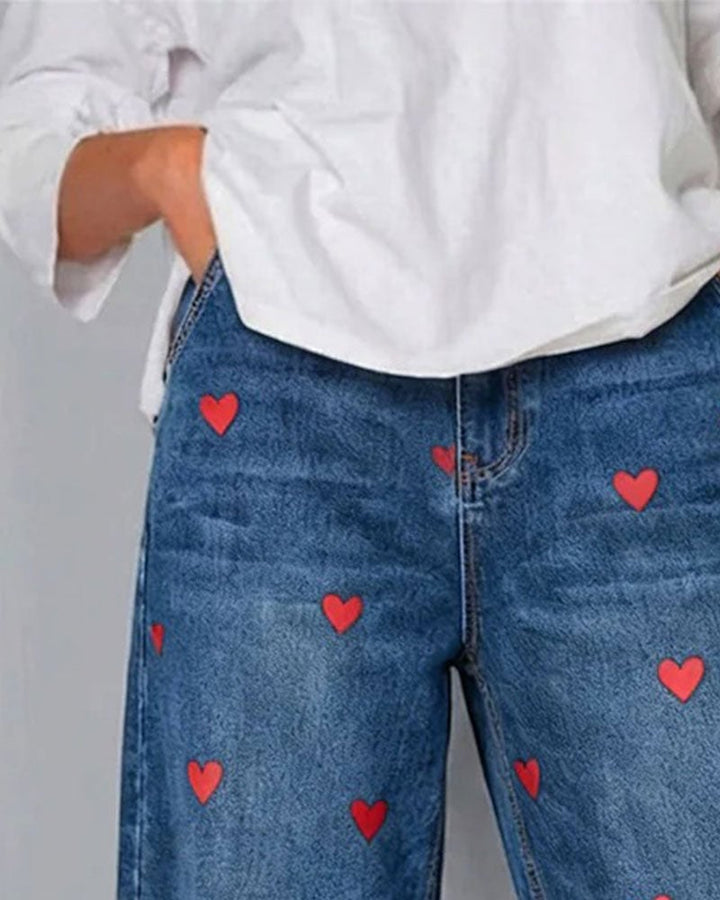 Serena | Pantaloni con stampa a cuori, in denim, alla caviglia