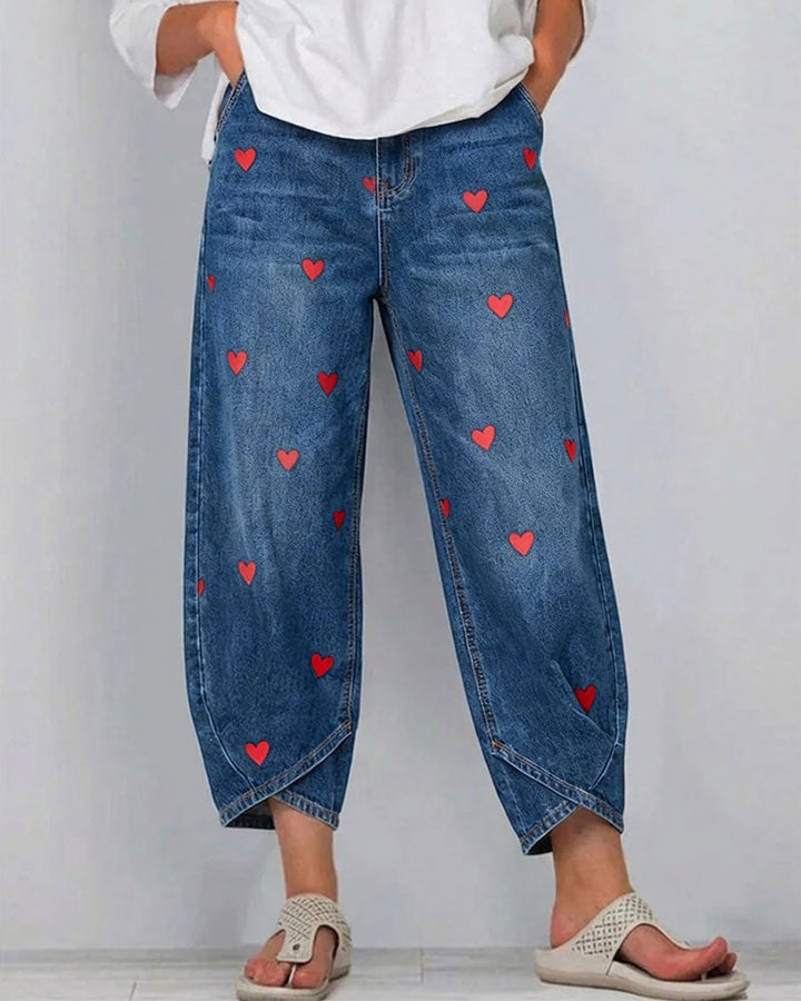 Serena | Pantaloni con stampa a cuori, in denim, alla caviglia