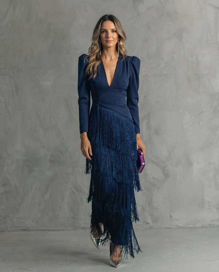 Clara · Abito elegante con maniche con frange