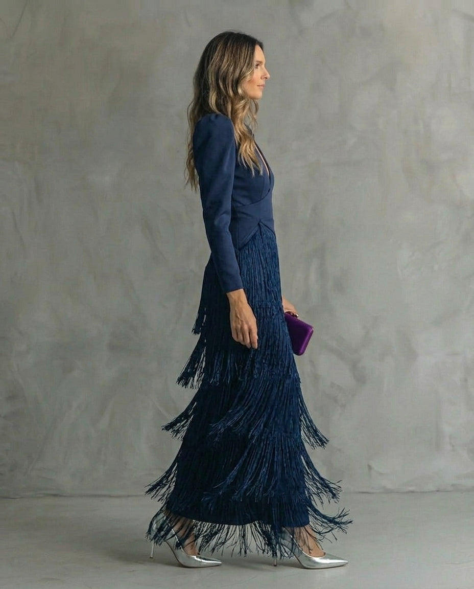 Clara · Abito elegante con maniche con frange