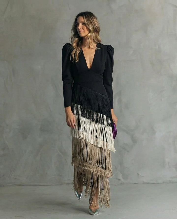 Clara · Abito elegante con maniche con frange