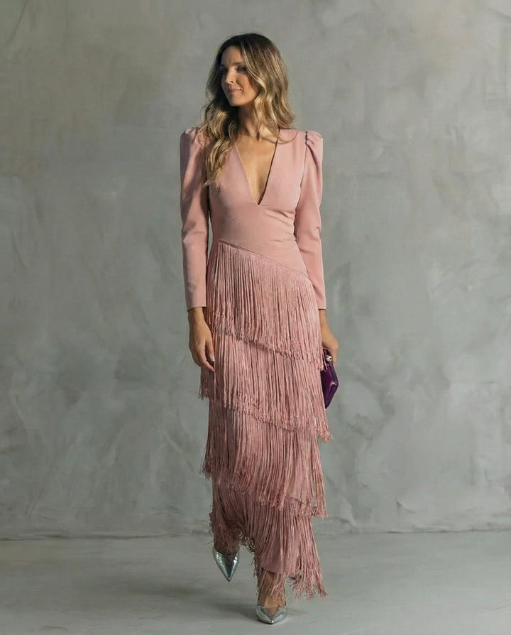 Clara · Abito elegante con maniche con frange