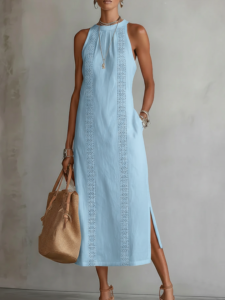 Jimena | Abito midi in lino con collo alla coreana