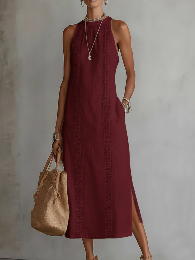 Jimena | Abito midi in lino con collo alla coreana